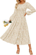 ZESICA Womens Fall Wedding Guest Long Sleeve Boho Midi Dress | Crewneck, Boho Floral, Flowy A Line, High Waist with Pockets, 2026 Elegant Trendy, Winter Long Dress, Casual Beach Vacation