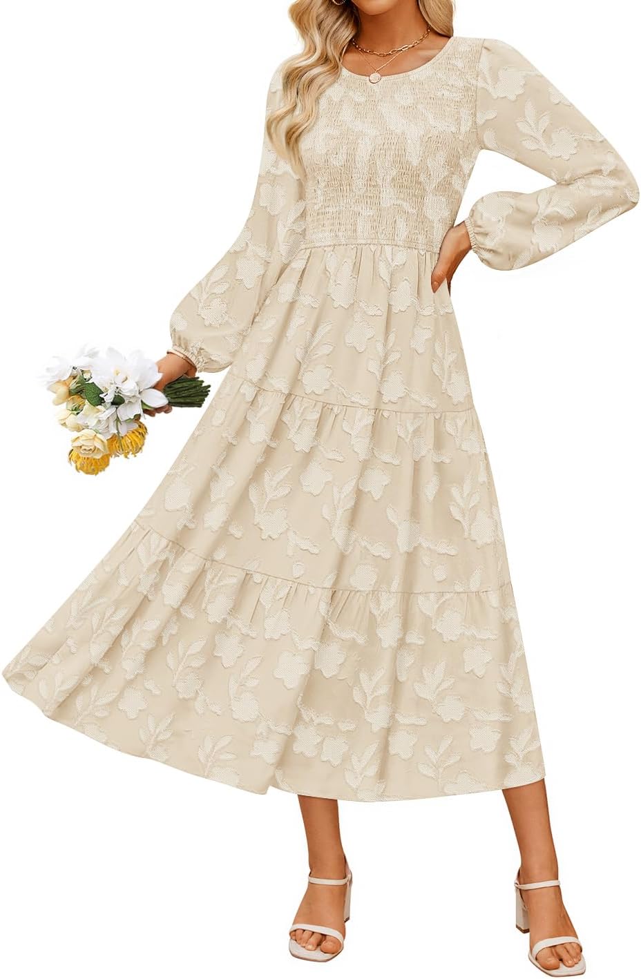 ZESICA Womens Fall Wedding Guest Long Sleeve Boho Midi Dress | Crewneck, Boho Floral, Flowy A Line, High Waist with Pockets, 2026 Elegant Trendy, Winter Long Dress, Casual Beach Vacation