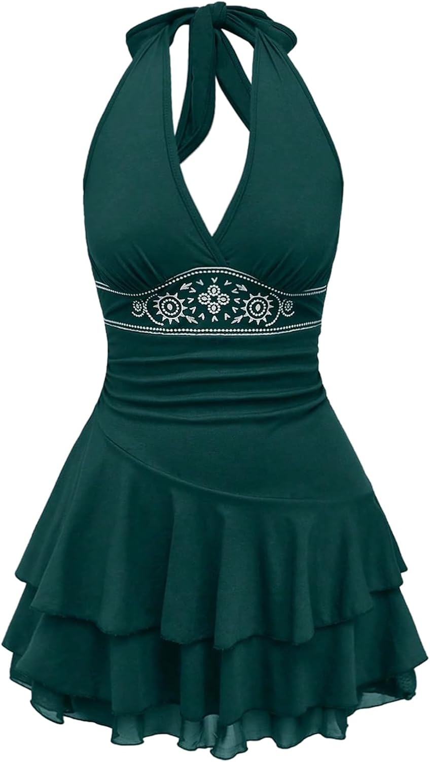 SOLY HUX Women's Summer Dresses Western Cowgirl Halter Casual Mini Dress | Backless, Sleeveless, A Line, Deep V Neck, Flowy, Country Concert Outfits, Sundress