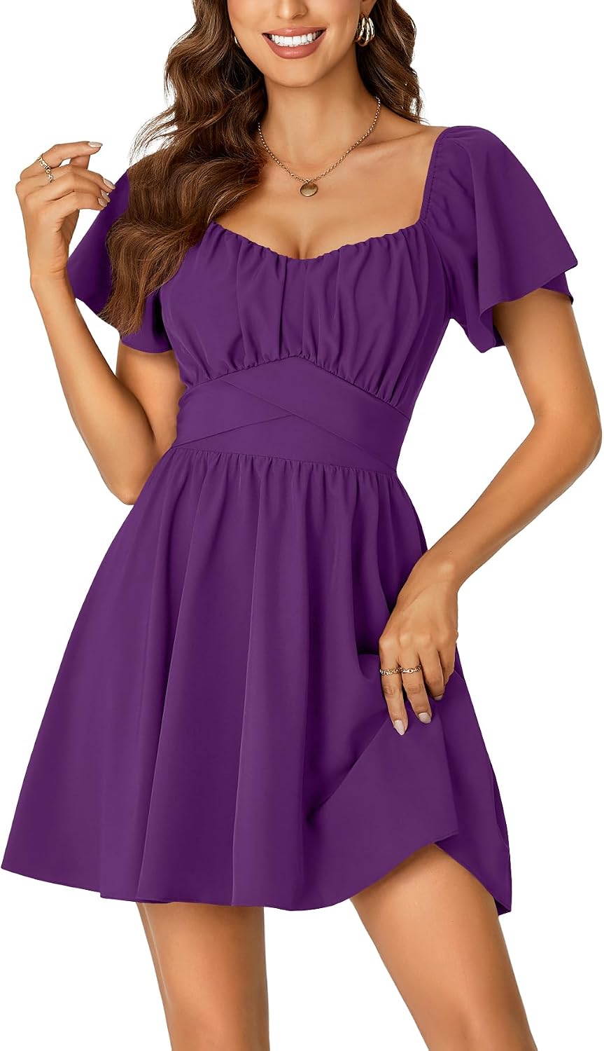 Rooscier Women's Tie Back Short Sleeve Mini Dress | Square Neck Wrap Ruffle Sleeve Flare Dresses
