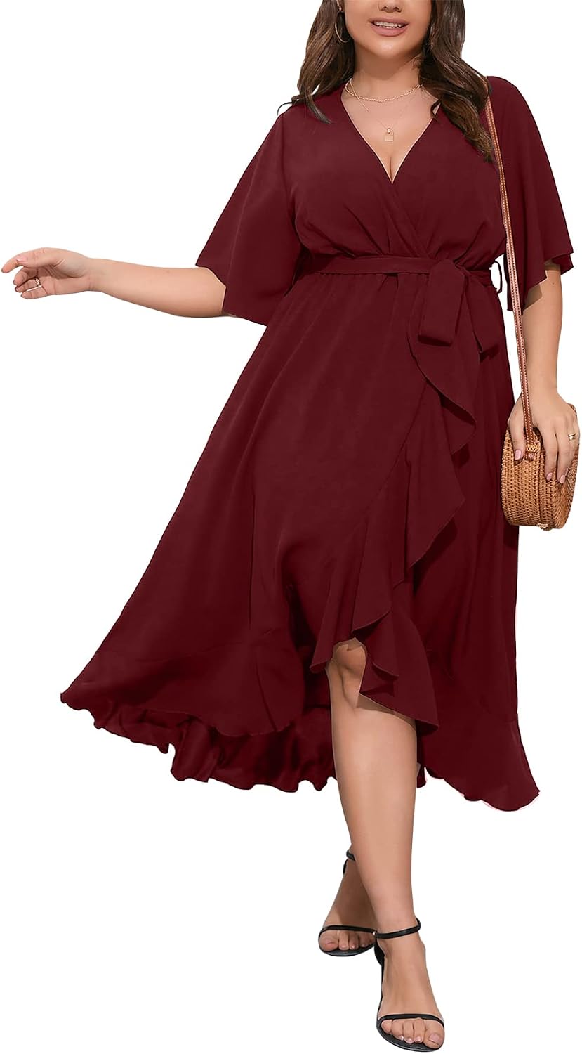 SCOMCHIC Women Plus Size Wedding Guest Maxi Dress | Short Sleeve, Wrap V Neck, High Low, Split, Ruffle Long Dress