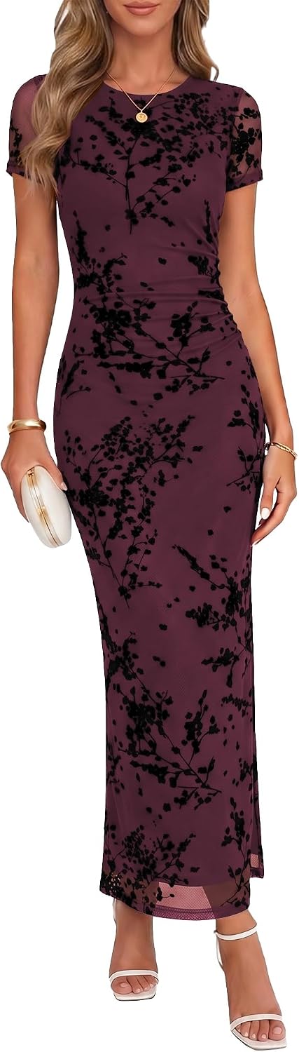 Chunpin Women's 2026 Floral Bodycon Maxi Dress Formal Cocktail Dresses | Wedding Guest Dresses for Women, Ruched Mesh, Elegant Dress, Party Dress, Crew Neck&Short Sleeve, Slit, Summer