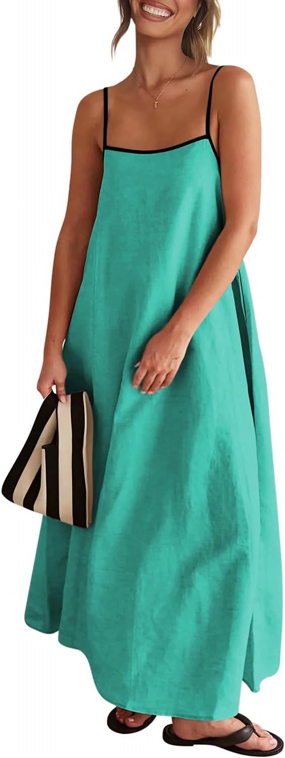 Senllen Women's Linen Maxi Dress 2026 Summer Fall Sundress with Pockets | Adjustable Spaghetti Straps Sleeveless Backless Tie Back Contrast Trim Casual Beach Vacation Wedding Guest Boho Dresses
