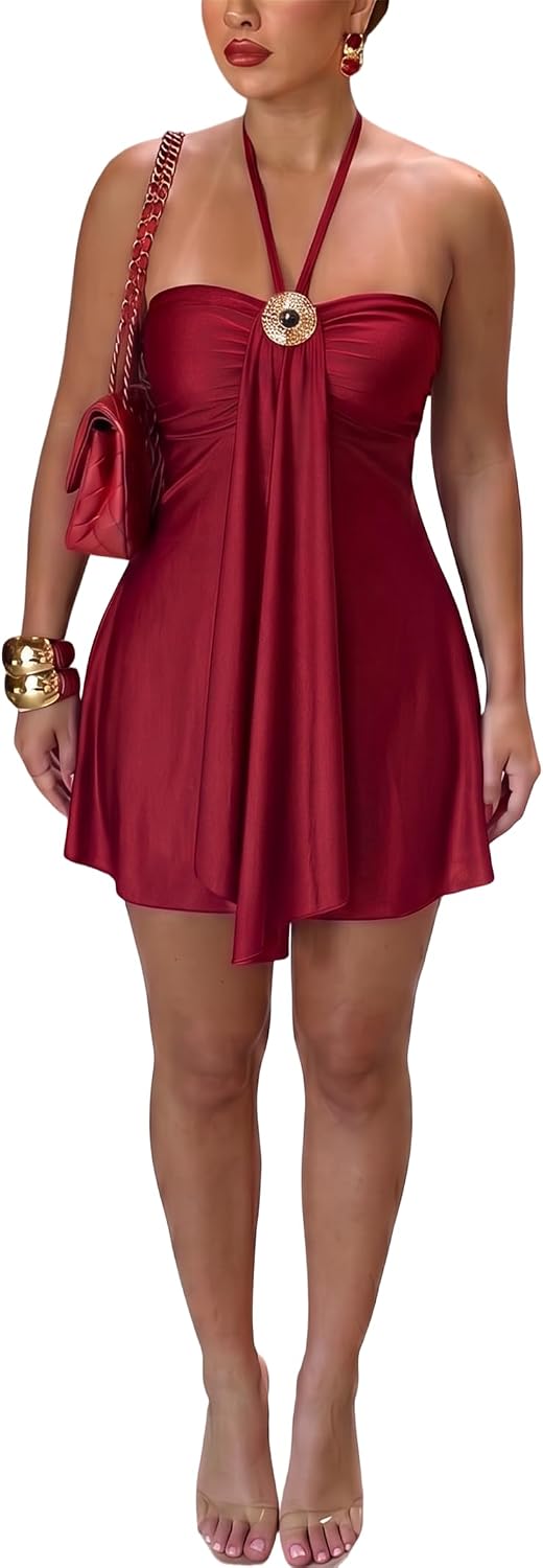 Women's Satin Halter Mini Dress Backless Flowy Vacation Going Out Dress | Soft Stretch Satin,Ruched Bust,Ruffle Hem&Flowy A-Line Fit,Perfect for Club,Night Out,Birthday Party,Homecoming,Resort Wear