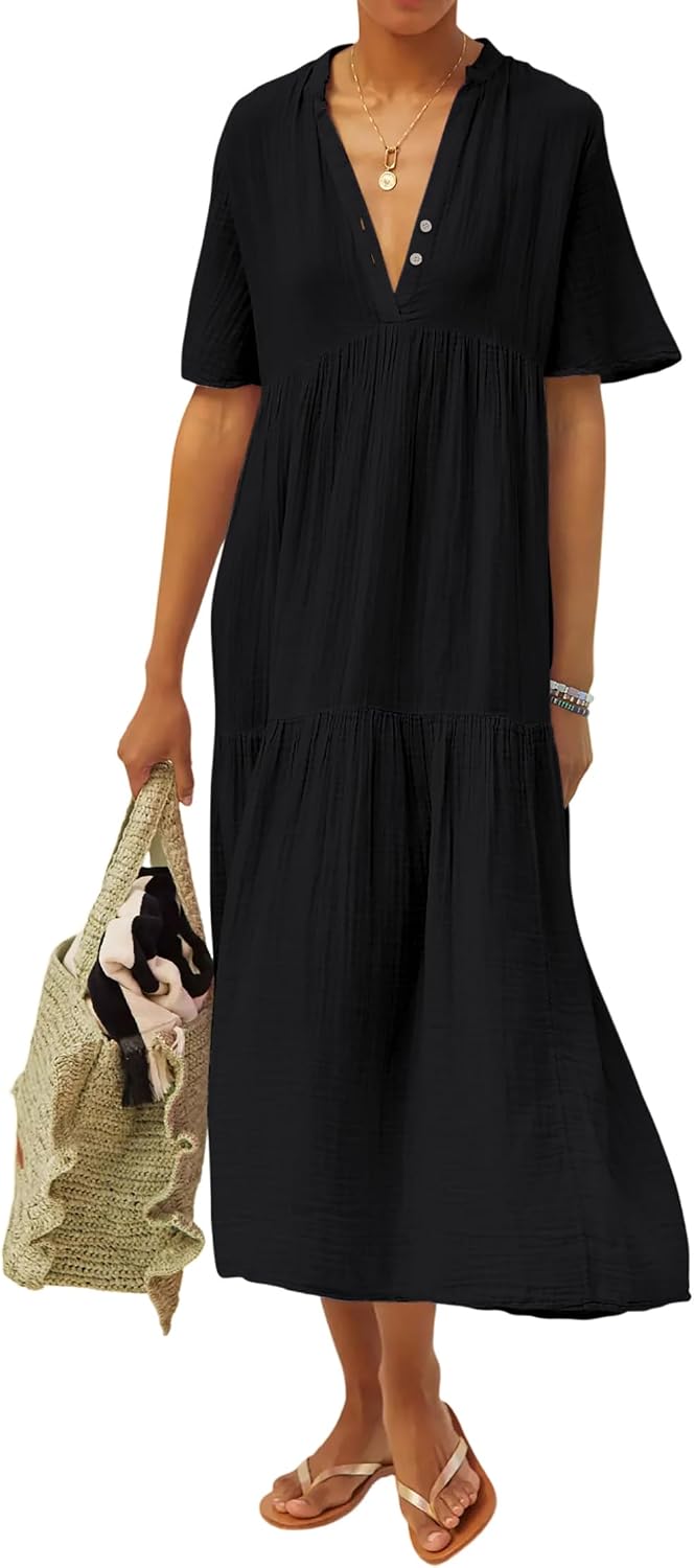R.Vivimos Womens Summer Cotton Casual Flowy Maxi Dress | Short Sleeve, V Neck, Empire Waist, Boho Tiered Ruffle, Beach Vacation Loose Long Dresses