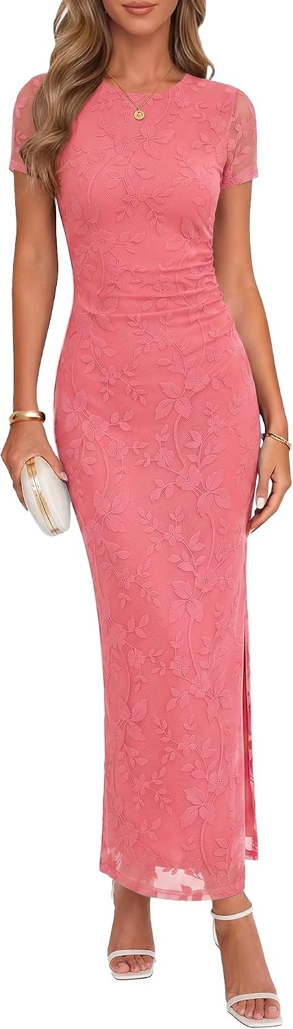 Chunpin Women's 2026 Floral Bodycon Maxi Dress Formal Cocktail Dresses | Wedding Guest Dresses for Women, Ruched Mesh, Elegant Dress, Party Dress, Crew Neck&Short Sleeve, Slit, Summer
