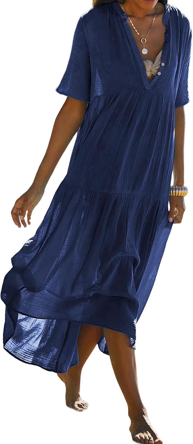 R.Vivimos Womens Summer Cotton Casual Flowy Maxi Dress | Short Sleeve, V Neck, Empire Waist, Boho Tiered Ruffle, Beach Vacation Loose Long Dresses