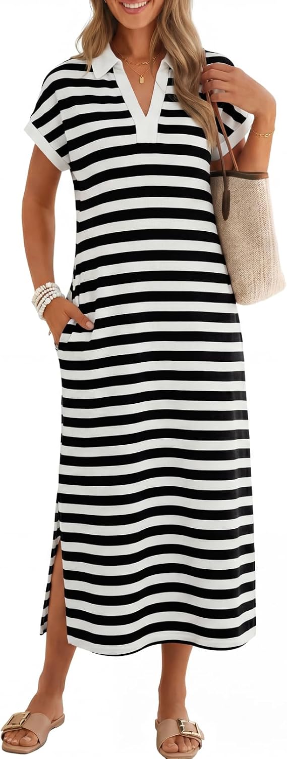 MEROKEETY Women's Summer Casual V Neck Collared T Shirt Long Maxi Dress | Short Cap Sleeve, Loose Fit, Beach Vacation, Work Office Polo Dresses, Wrinkle-Free Sundress Travel Resort Outfits 2026