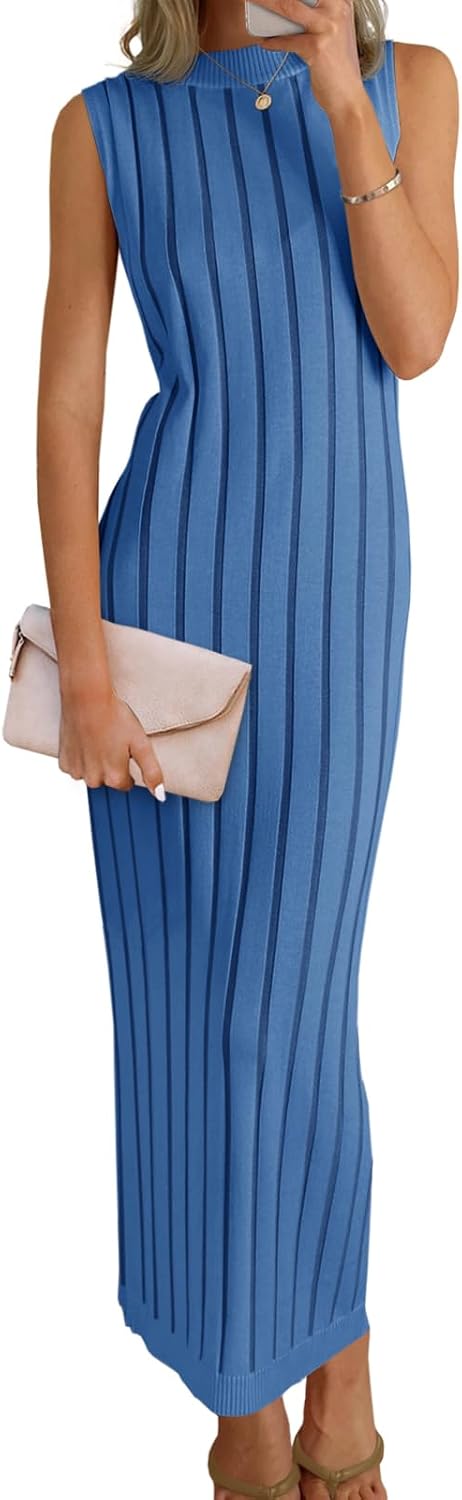 Wenrine Womens Sleeveless Sweater Dress Mock Neck Knit Tank Maxi Dresses | Ribbed Knit, Stretchy, Bodycon, Textured, Vertical Striped, Summer & Fall, Long Midi Dress