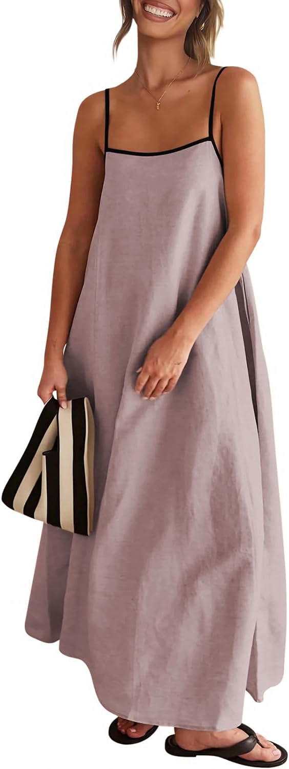 Senllen Women's Linen Maxi Dress 2026 Summer Fall Sundress with Pockets | Adjustable Spaghetti Straps Sleeveless Backless Tie Back Contrast Trim Casual Beach Vacation Wedding Guest Boho Dresses