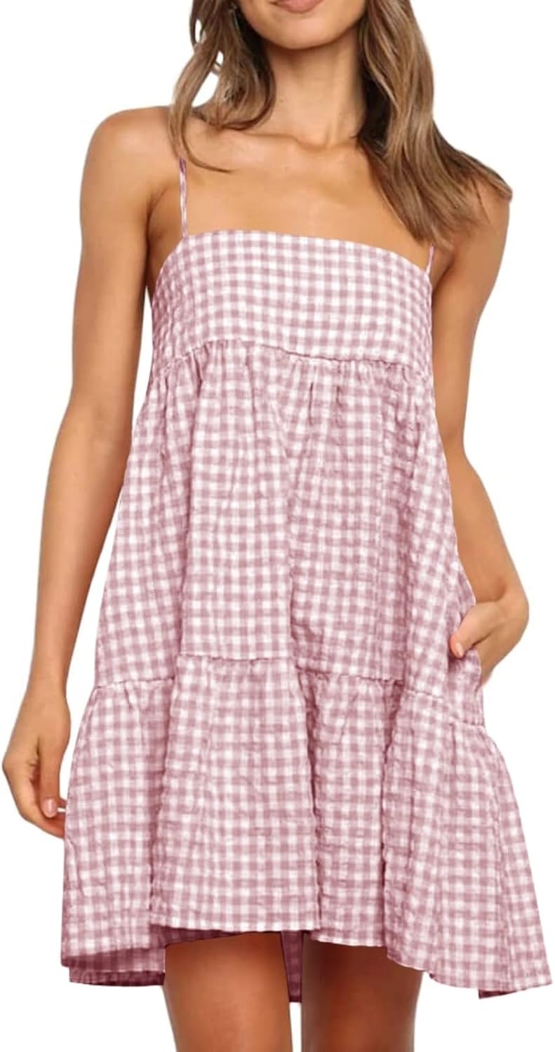 Wenrine Womens Summer Plaid Mini Dress Spaghetti Strap Beach Sundress | Sleeveless,Casual,Gingham Y2K,A Line,Maternity,Vacation,Country Concert,Short Dresses with Pockets