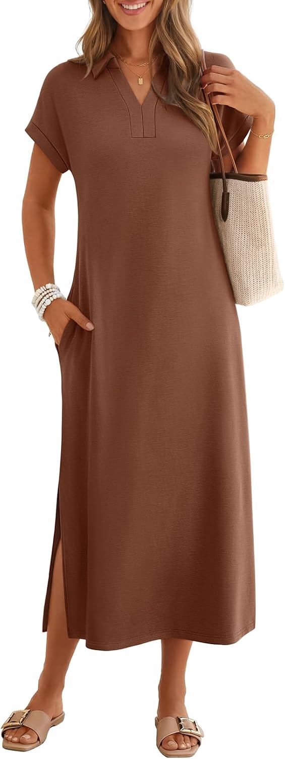 MEROKEETY Women's Summer Casual V Neck Collared T Shirt Long Maxi Dress | Short Cap Sleeve, Loose Fit, Beach Vacation, Work Office Polo Dresses, Wrinkle-Free Sundress Travel Resort Outfits 2026