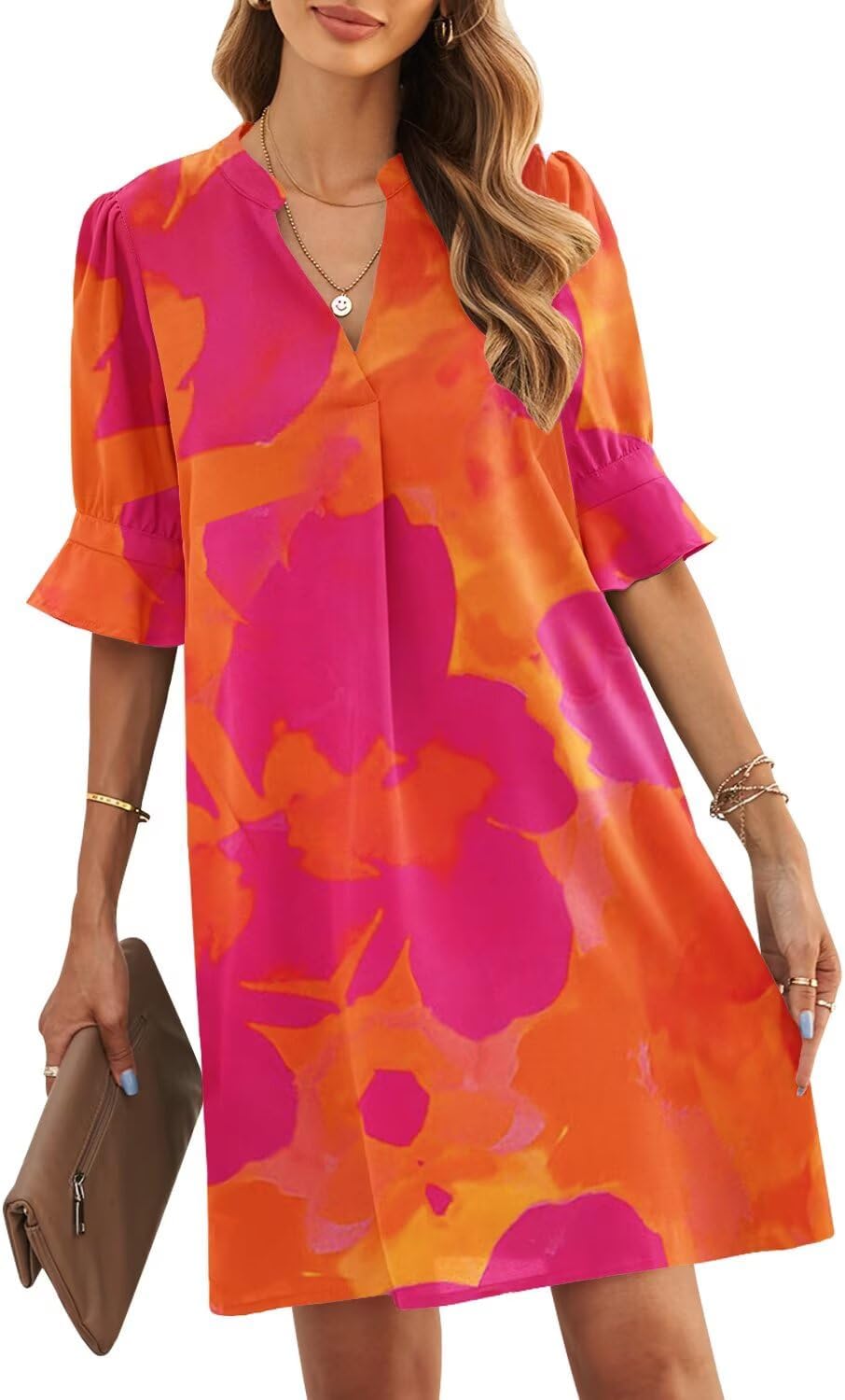 JOCAFIYE Womens Dresses Summer 2026 V-Neck Short Sleeve Dress Shift Dress | Ruffle Short Sleeve, V Neck,Shift Dresses, Floral Print,Mini Short Casual Dress for Graduation Party Date Night Teacher