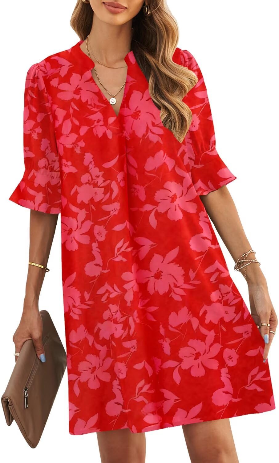 JOCAFIYE Womens Dresses Summer 2026 V-Neck Short Sleeve Dress Shift Dress | Ruffle Short Sleeve, V Neck,Shift Dresses, Floral Print,Mini Short Casual Dress for Graduation Party Date Night Teacher