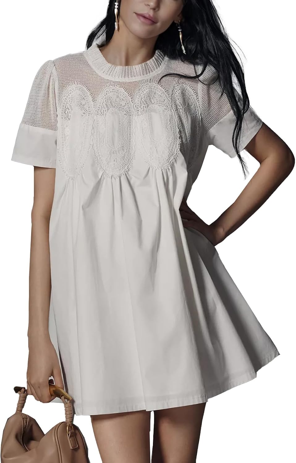 Shiyifa Womens Lace Babydoll Mini Dresses Summer Short Sleeve Sundress | A-Line Baby doll Dress with Lining, Sheer Mesh Patchwork, 2 Pockets, Boho Ruffled Sundress for Daily, Beach and Vacation