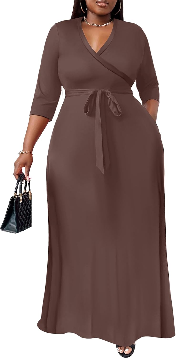 Nmoder Plus Size Maxi Dresses for Curvy Women -Summer Casual Long Fit Dress | Semi Formal, 3\/4 Sleeve V-Neck Flowy Dress, With Pockets And Belt, XL- 6XL