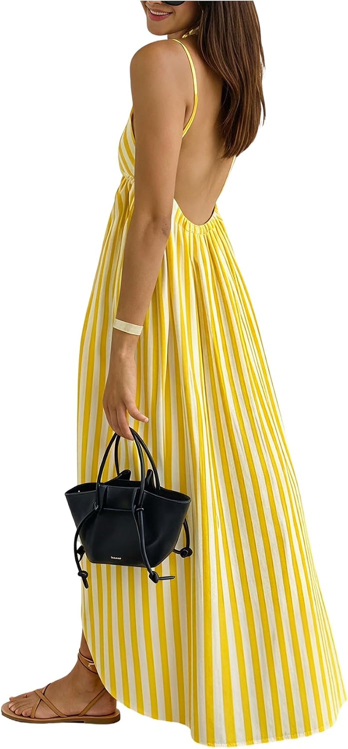 SOLY HUX Women's Summer Backless V Neck Loose Flowy Midi Cami Dress | Spaghetti Strap, Casual, Vacation Outfits, Sundress, Open Back, Long Dress， Trendy