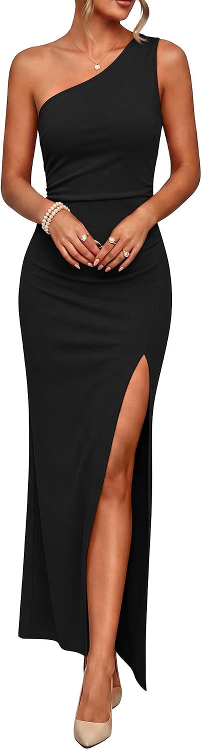 Caracilia Womens Summer One Shoulder Wedding Guest Dress | Cocktail Party Evening Formal Maxi Dresses, Dressy Elegant, Slim Fit Sleeveless Ruched High Split Bodycon