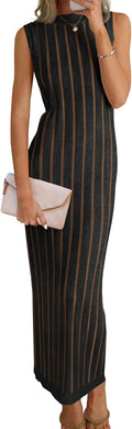 Wenrine Womens Sleeveless Sweater Dress Mock Neck Knit Tank Maxi Dresses | Ribbed Knit, Stretchy, Bodycon, Textured, Vertical Striped, Summer & Fall, Long Midi Dress