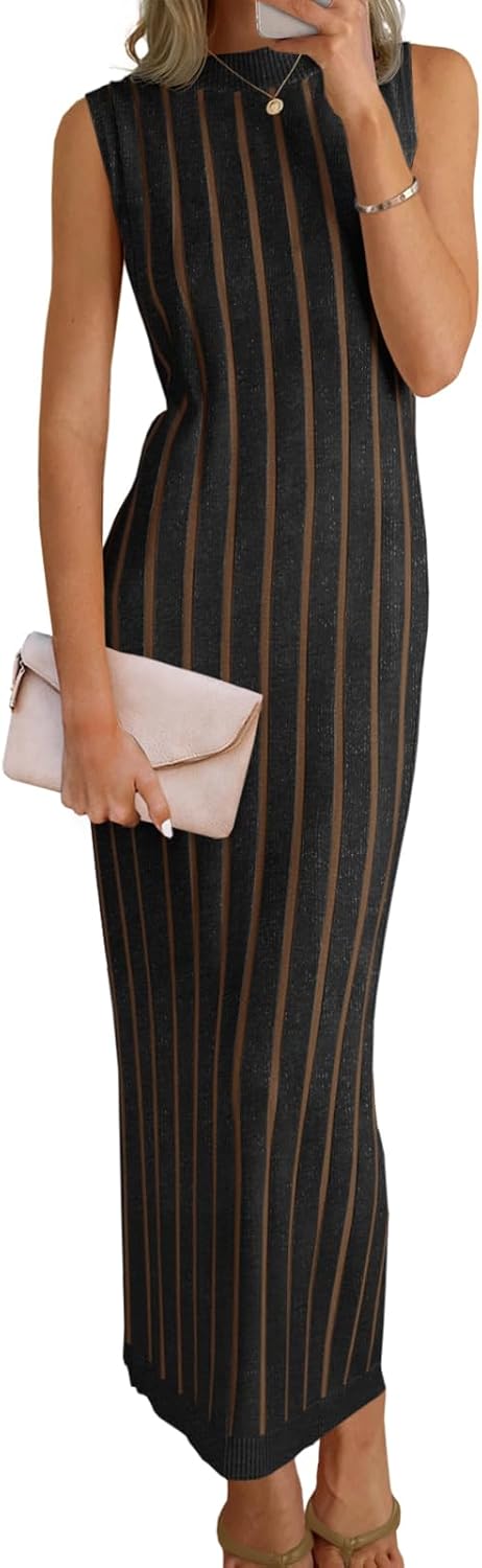 Wenrine Womens Sleeveless Sweater Dress Mock Neck Knit Tank Maxi Dresses | Ribbed Knit, Stretchy, Bodycon, Textured, Vertical Striped, Summer & Fall, Long Midi Dress
