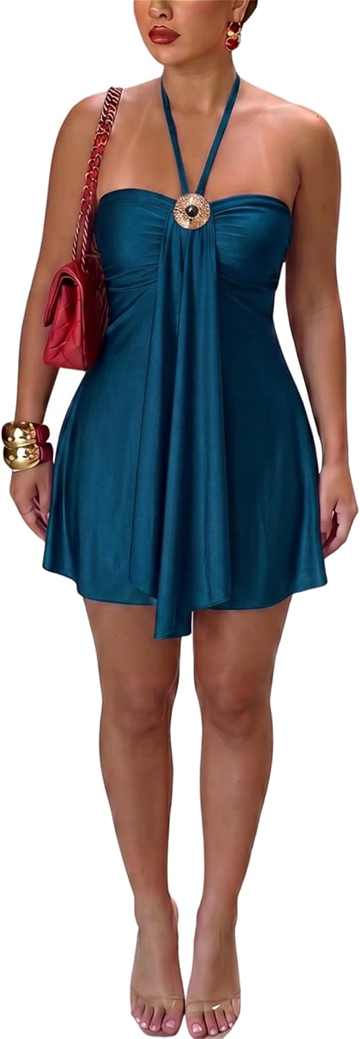 Women's Satin Halter Mini Dress Backless Flowy Vacation Going Out Dress | Soft Stretch Satin,Ruched Bust,Ruffle Hem&Flowy A-Line Fit,Perfect for Club,Night Out,Birthday Party,Homecoming,Resort Wear