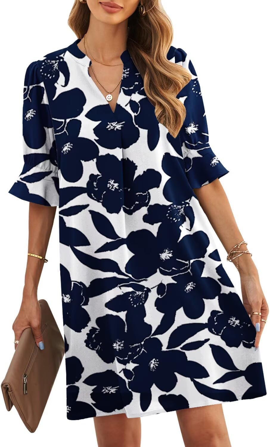 JOCAFIYE Womens Dresses Summer 2026 V-Neck Short Sleeve Dress Shift Dress | Ruffle Short Sleeve, V Neck,Shift Dresses, Floral Print,Mini Short Casual Dress for Graduation Party Date Night Teacher