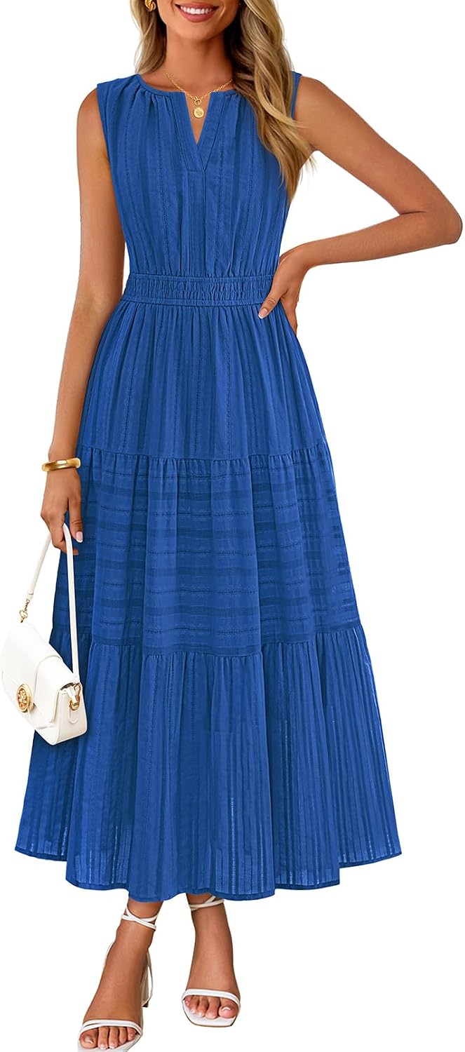 MEROKEETY Summer Casual Sleeveless V Neck Midi Maxi Cotton Dress Women 2026 | Shirred Waist, Eyelets, Tiered, Lined, with Pockets, Boho, Semi Formal, Modest, Vacation, Bridal Shower, Church, Long Dresses