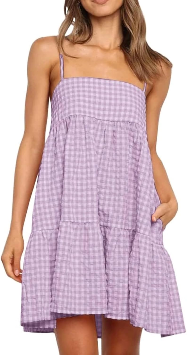 Wenrine Womens Summer Plaid Mini Dress Spaghetti Strap Beach Sundress | Sleeveless,Casual,Gingham Y2K,A Line,Maternity,Vacation,Country Concert,Short Dresses with Pockets