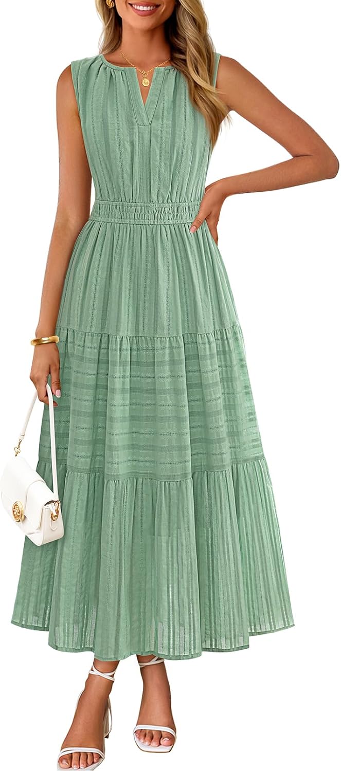 MEROKEETY Summer Casual Sleeveless V Neck Midi Maxi Cotton Dress Women 2026 | Shirred Waist, Eyelets, Tiered, Lined, with Pockets, Boho, Semi Formal, Modest, Vacation, Bridal Shower, Church, Long Dresses