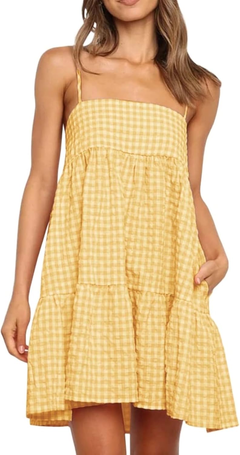 Wenrine Womens Summer Plaid Mini Dress Spaghetti Strap Beach Sundress | Sleeveless,Casual,Gingham Y2K,A Line,Maternity,Vacation,Country Concert,Short Dresses with Pockets
