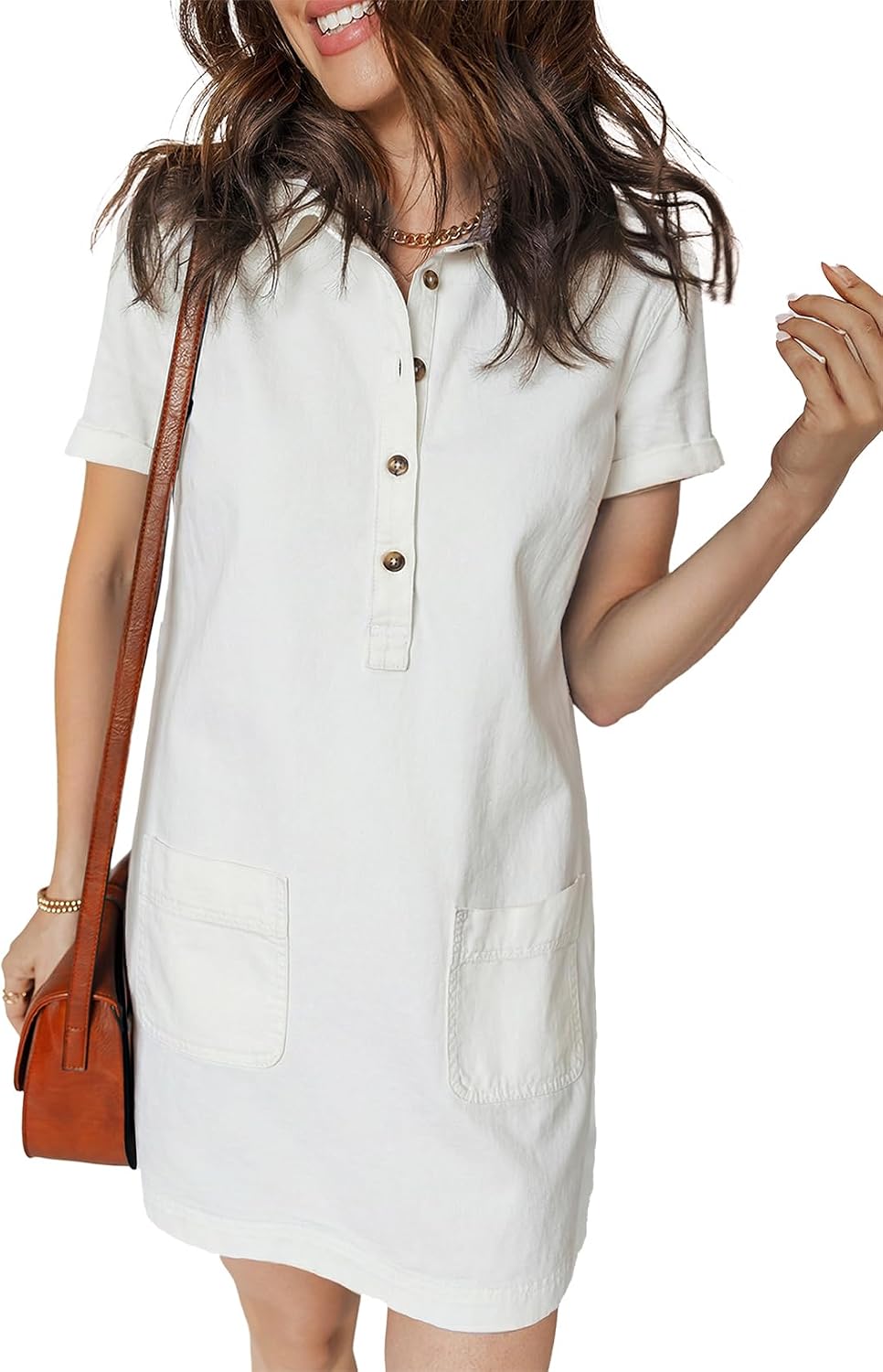 Sidefeel Womens Denim Dress Casual A Line Trendy Mini Jean Dress | Lapel Collar, Partial Button Placket, Short Cuffed Sleeves, Patch Pockets, Above Knee, Trendy Lightweight Summer Shirt Dress