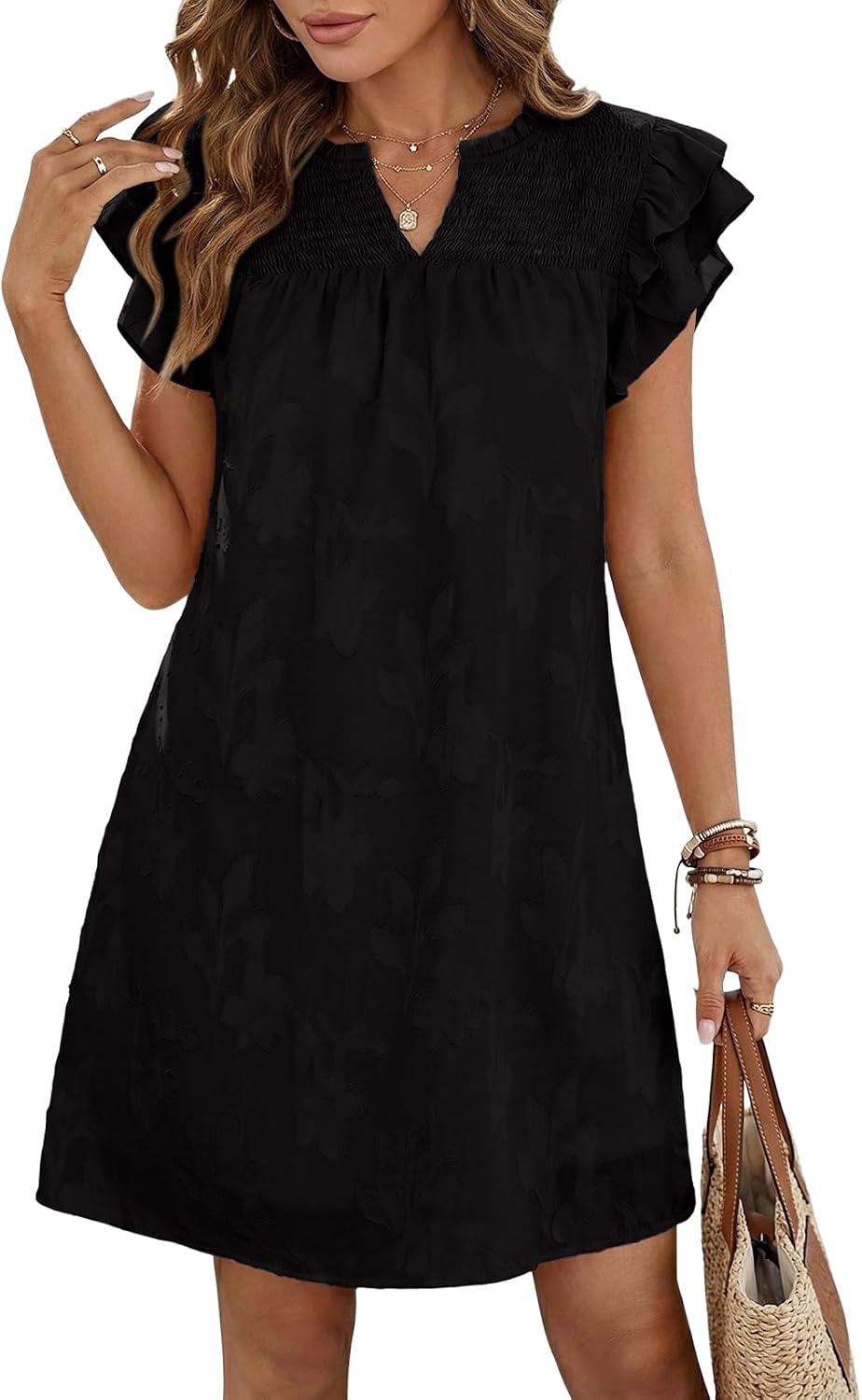 Dokotoo Womens Summer Dresses 2026 Ruffle Short Sleeve Casual V Neck Smocked Floral Burnout Mini Dress Sundress