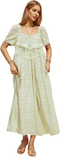 DAOLUAN Women Short Sleeve Low\u2011Cut Long Dress, Solid Plaid Pleated Loose Swing Maxi Dress, Beach Lazy Wind Casual Dress