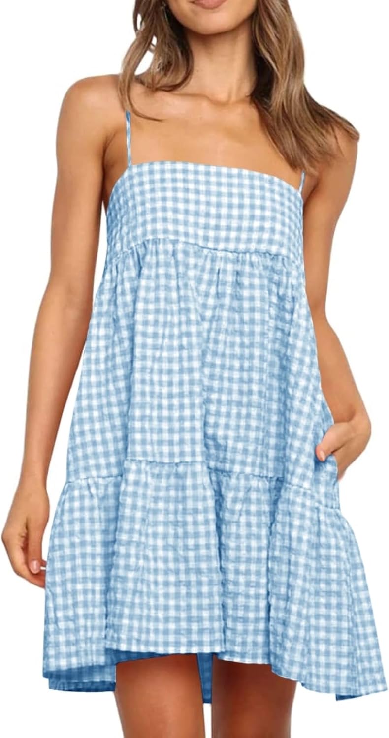 Wenrine Womens Summer Plaid Mini Dress Spaghetti Strap Beach Sundress | Sleeveless,Casual,Gingham Y2K,A Line,Maternity,Vacation,Country Concert,Short Dresses with Pockets