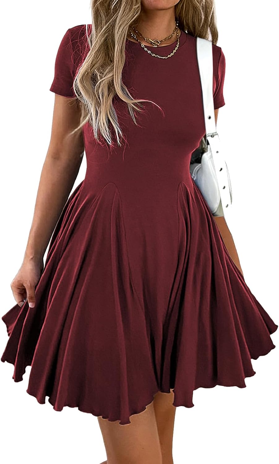 Mieazom Women Crewneck Fit and Flare Swing Flowy Mini Dress Skater Sundress | Summer,Cute Ruffle Hem,Short Sleeve,Drop Waist,Casual A Line,Stretchy,Pleated T Shirt Beach Dress,Party,Vacation