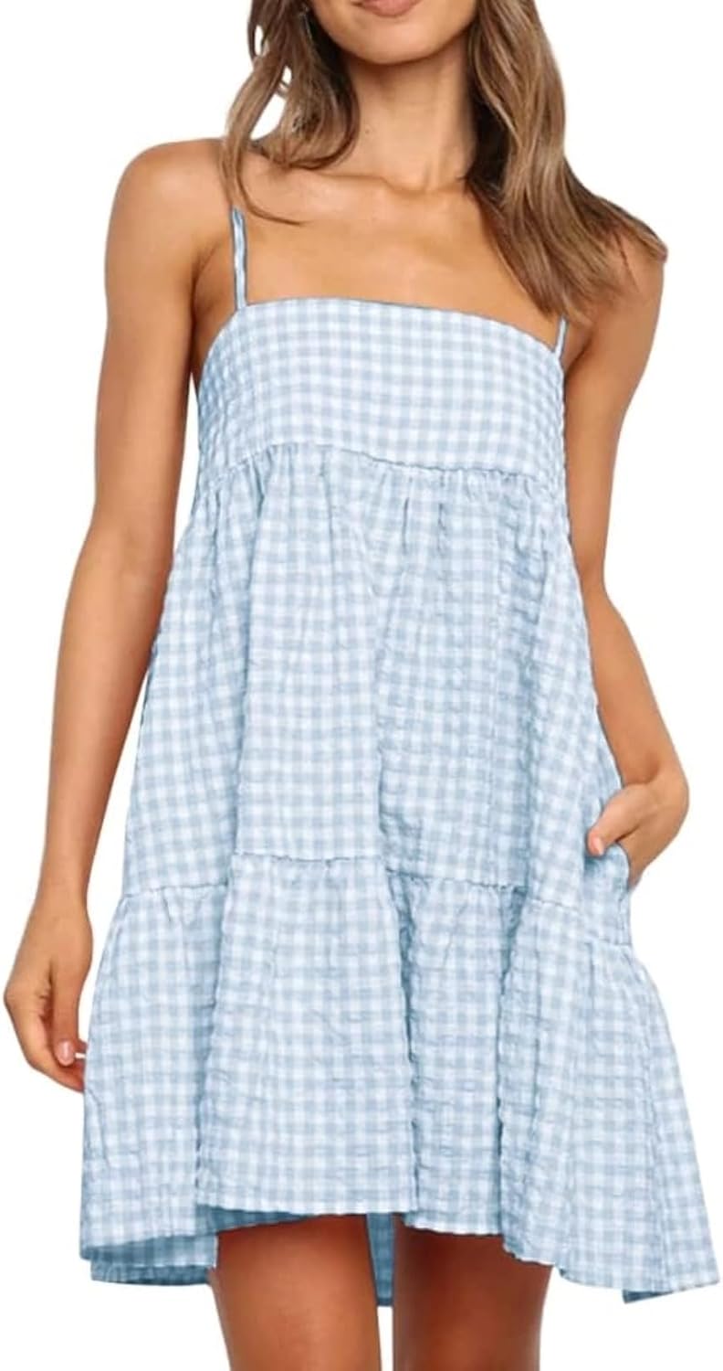 Wenrine Womens Summer Plaid Mini Dress Spaghetti Strap Beach Sundress | Sleeveless,Casual,Gingham Y2K,A Line,Maternity,Vacation,Country Concert,Short Dresses with Pockets