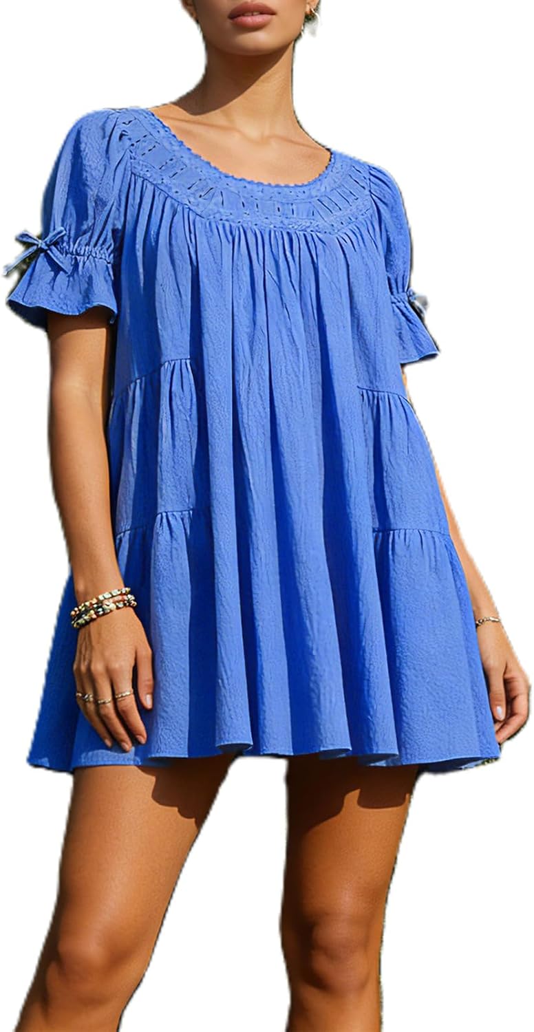 Nlacehan Womens Flowy Puff Short Sleeve Babydoll Mini Dress | Short Dress, Ruffle, Scoop Neck, A-line, Bow Tie, Eyelet, Casual, Lightweight, Summer, Daily Outfits A-line Sundress