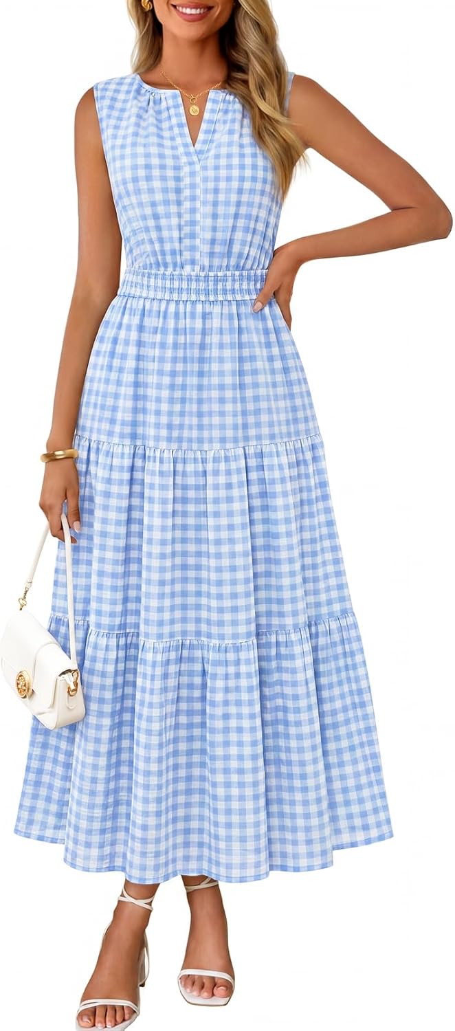 MEROKEETY Summer Casual Sleeveless V Neck Midi Maxi Cotton Dress Women 2026 | Shirred Waist, Eyelets, Tiered, Lined, with Pockets, Boho, Semi Formal, Modest, Vacation, Bridal Shower, Church, Long Dresses