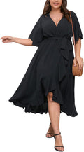 SCOMCHIC Women Plus Size Wedding Guest Maxi Dress | Short Sleeve, Wrap V Neck, High Low, Split, Ruffle Long Dress