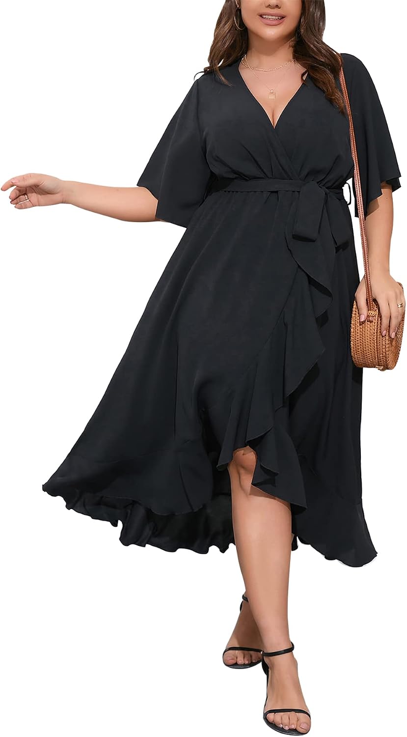 SCOMCHIC Women Plus Size Wedding Guest Maxi Dress | Short Sleeve, Wrap V Neck, High Low, Split, Ruffle Long Dress