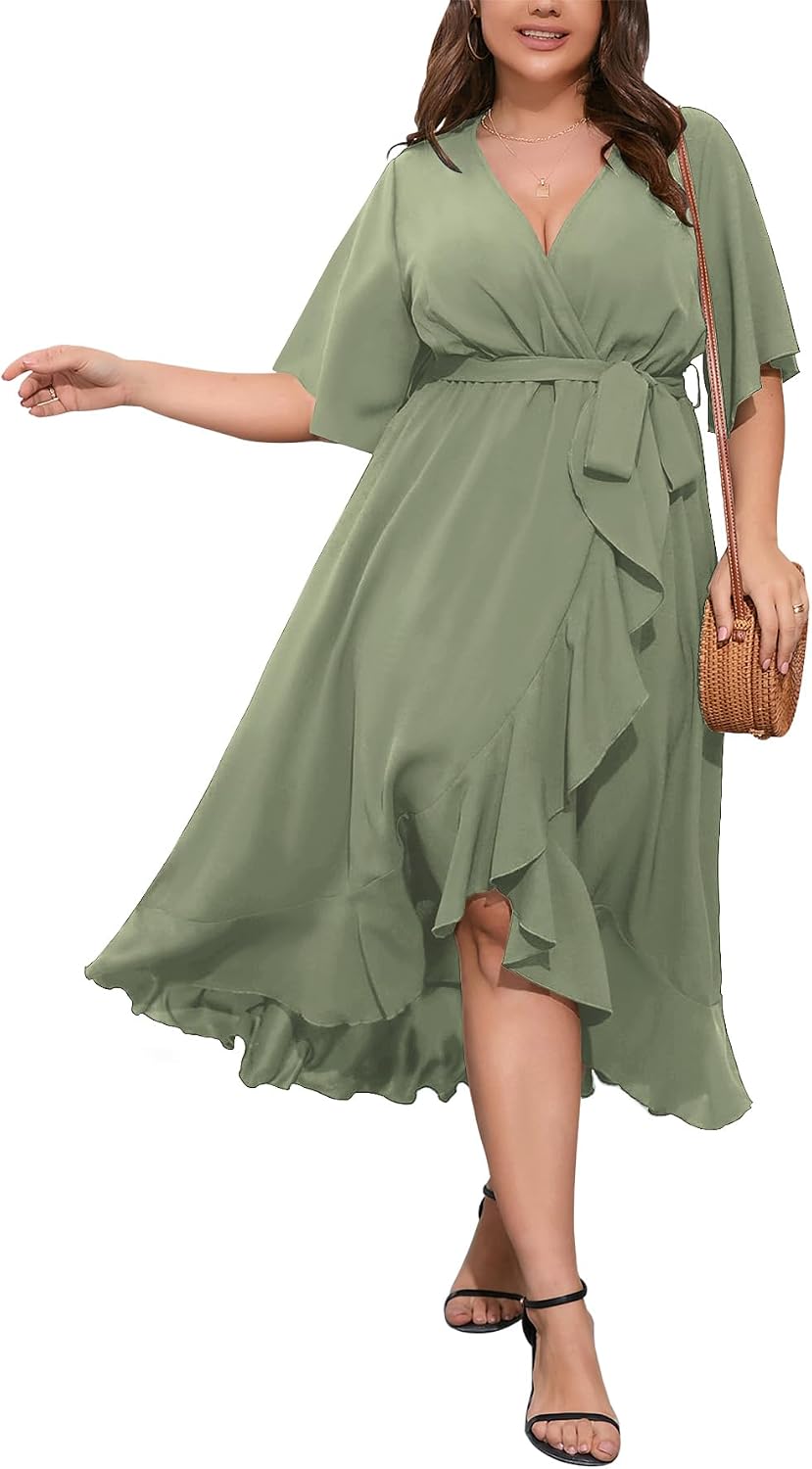 SCOMCHIC Women Plus Size Wedding Guest Maxi Dress | Short Sleeve, Wrap V Neck, High Low, Split, Ruffle Long Dress