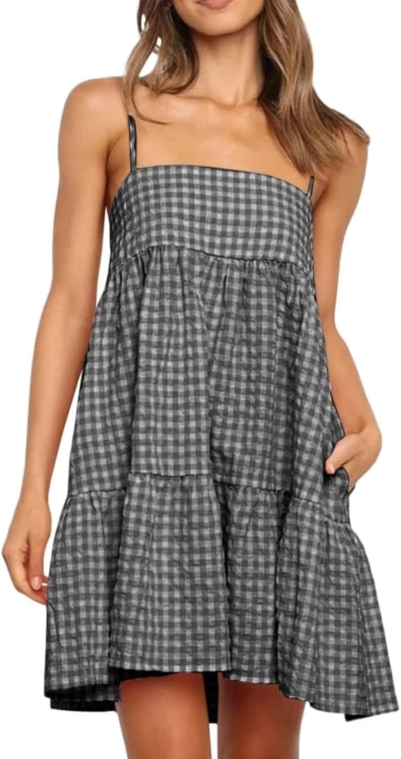 Wenrine Womens Summer Plaid Mini Dress Spaghetti Strap Beach Sundress | Sleeveless,Casual,Gingham Y2K,A Line,Maternity,Vacation,Country Concert,Short Dresses with Pockets