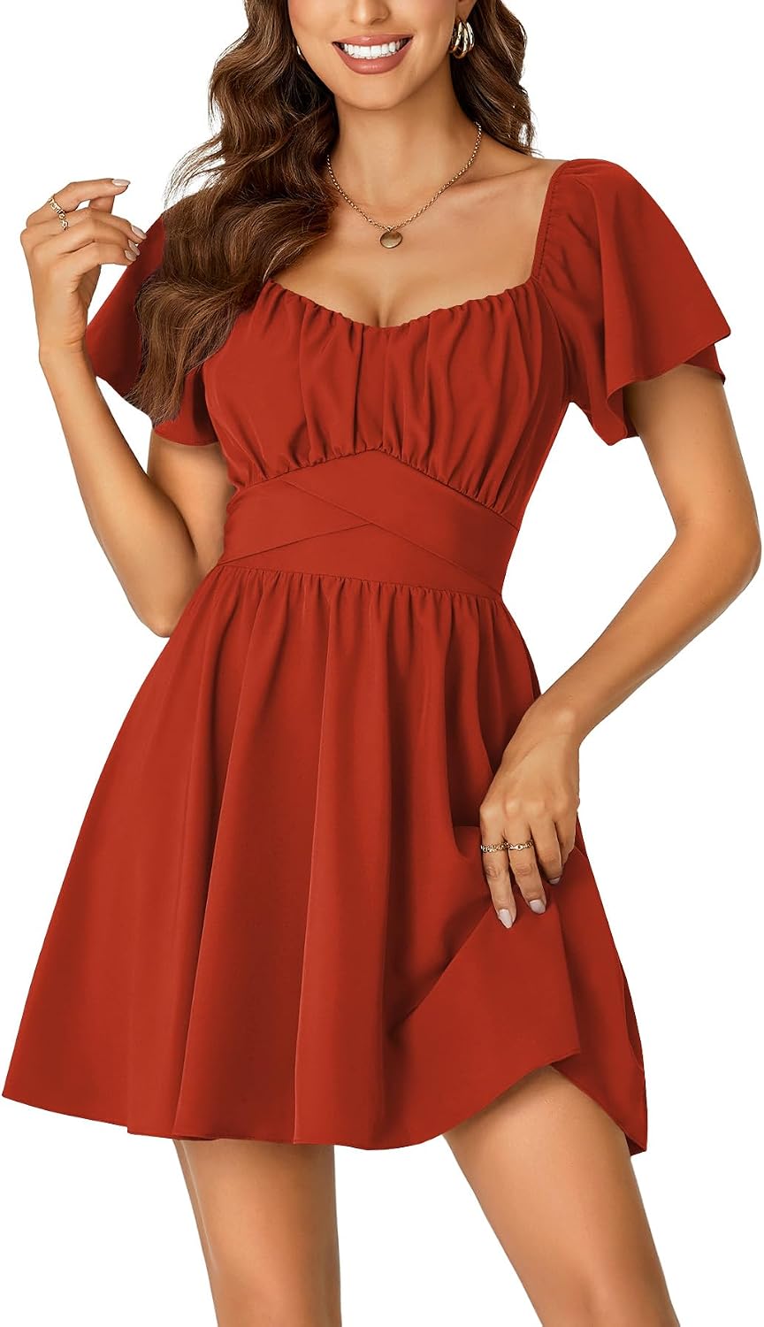 Rooscier Women's Tie Back Short Sleeve Mini Dress | Square Neck Wrap Ruffle Sleeve Flare Dresses