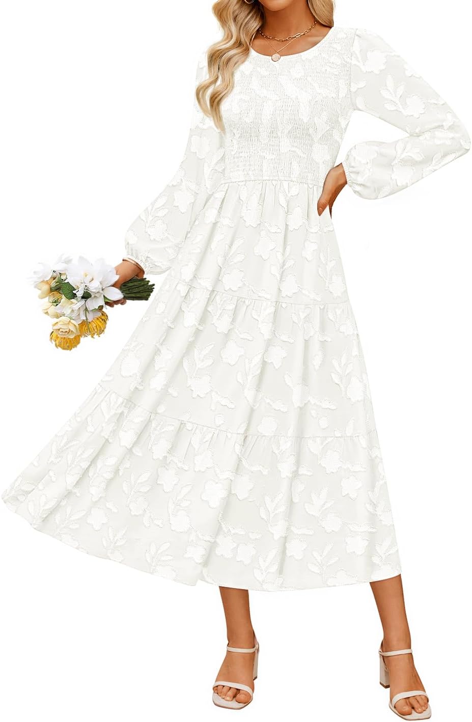 ZESICA Womens Fall Wedding Guest Long Sleeve Boho Midi Dress | Crewneck, Boho Floral, Flowy A Line, High Waist with Pockets, 2026 Elegant Trendy, Winter Long Dress, Casual Beach Vacation