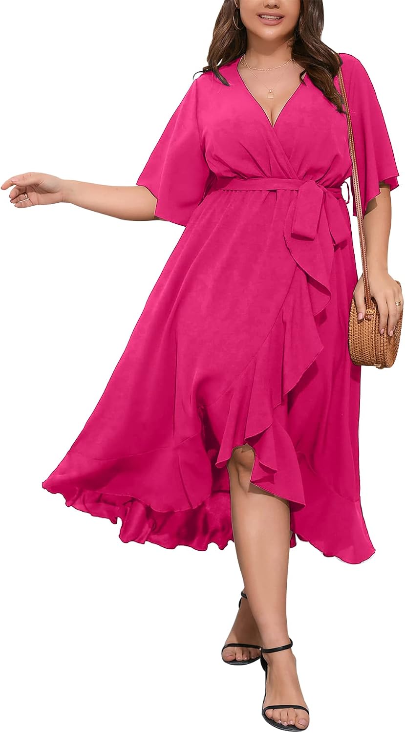 SCOMCHIC Women Plus Size Wedding Guest Maxi Dress | Short Sleeve, Wrap V Neck, High Low, Split, Ruffle Long Dress