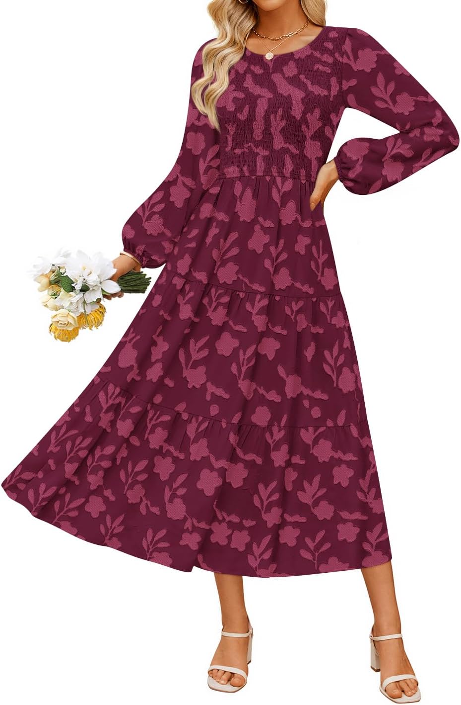 ZESICA Womens Fall Wedding Guest Long Sleeve Boho Midi Dress | Crewneck, Boho Floral, Flowy A Line, High Waist with Pockets, 2026 Elegant Trendy, Winter Long Dress, Casual Beach Vacation