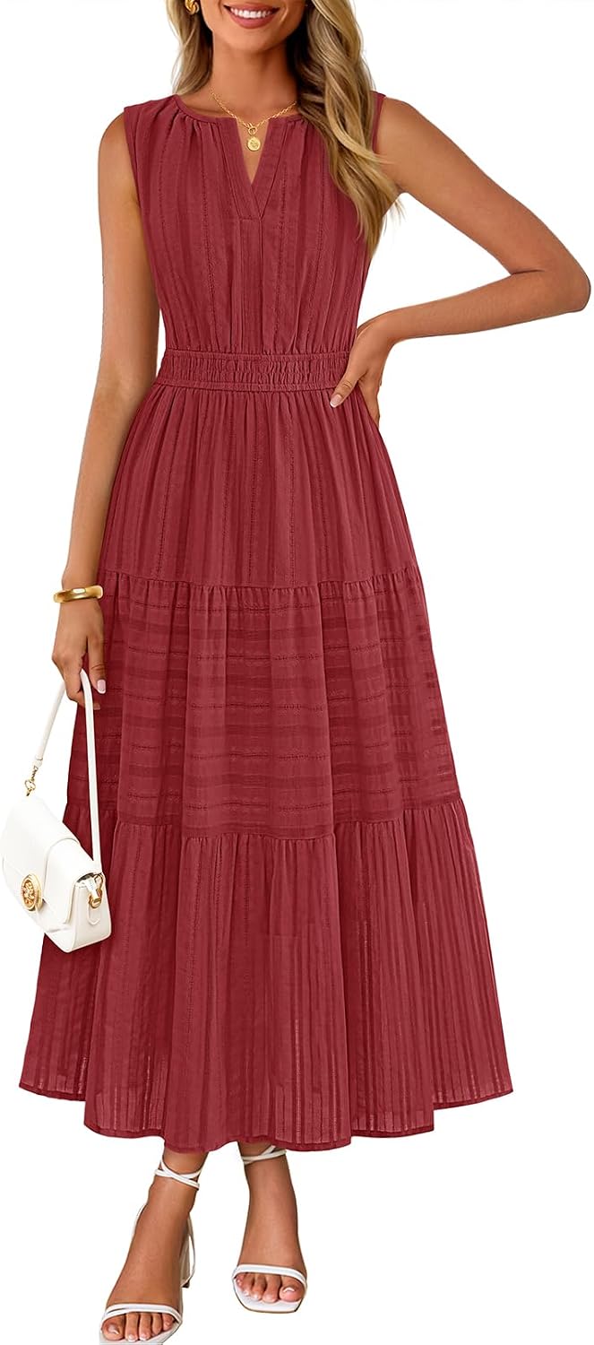 MEROKEETY Summer Casual Sleeveless V Neck Midi Maxi Cotton Dress Women 2026 | Shirred Waist, Eyelets, Tiered, Lined, with Pockets, Boho, Semi Formal, Modest, Vacation, Bridal Shower, Church, Long Dresses