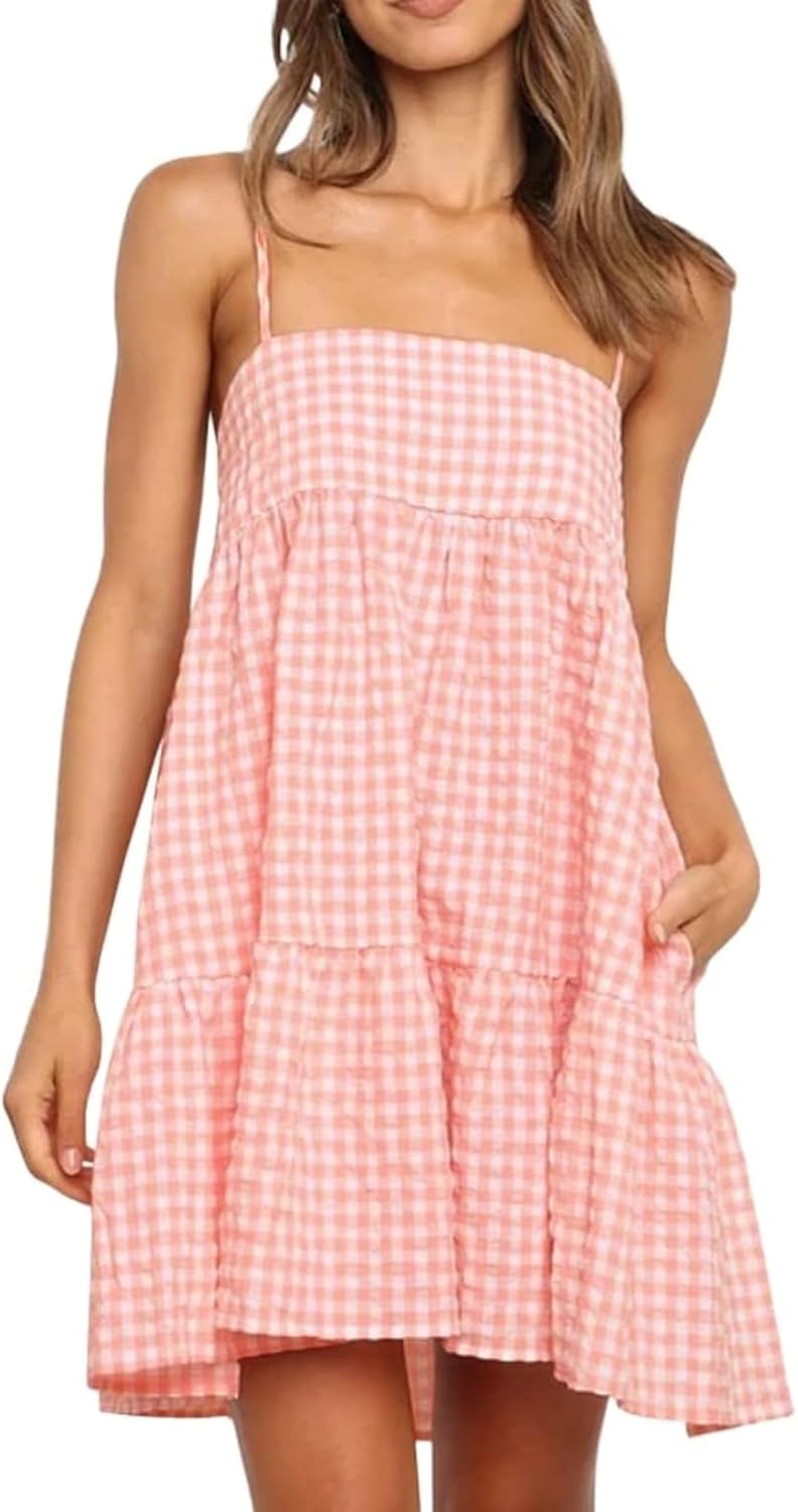 Wenrine Womens Summer Plaid Mini Dress Spaghetti Strap Beach Sundress | Sleeveless,Casual,Gingham Y2K,A Line,Maternity,Vacation,Country Concert,Short Dresses with Pockets