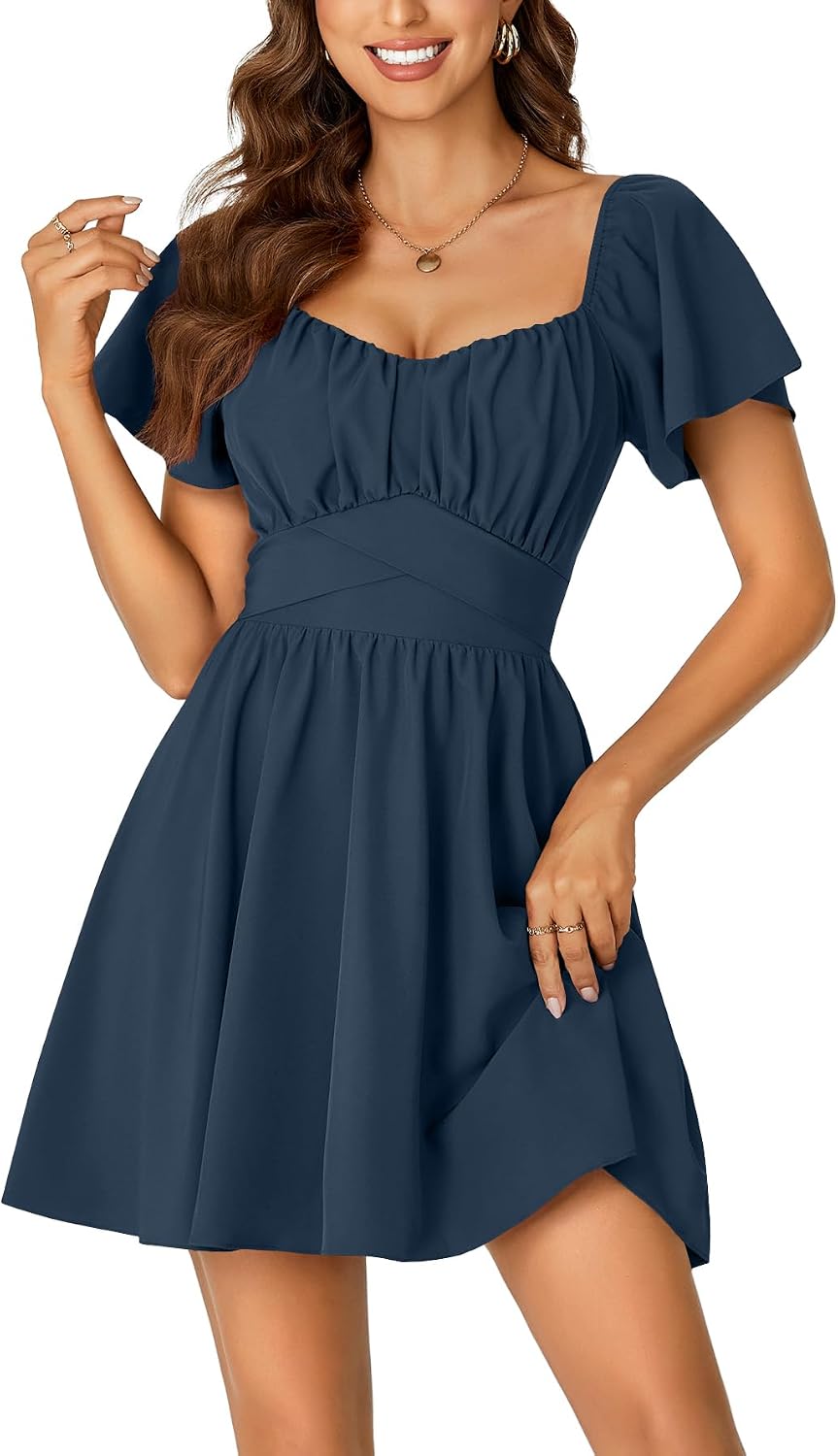 Rooscier Women's Tie Back Short Sleeve Mini Dress | Square Neck Wrap Ruffle Sleeve Flare Dresses