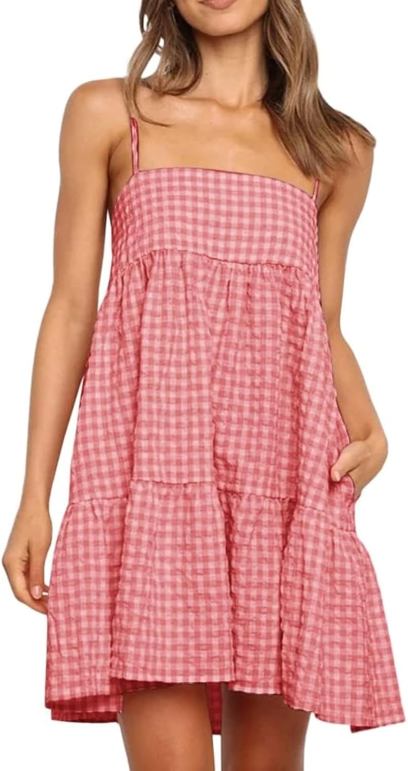 Wenrine Womens Summer Plaid Mini Dress Spaghetti Strap Beach Sundress | Sleeveless,Casual,Gingham Y2K,A Line,Maternity,Vacation,Country Concert,Short Dresses with Pockets